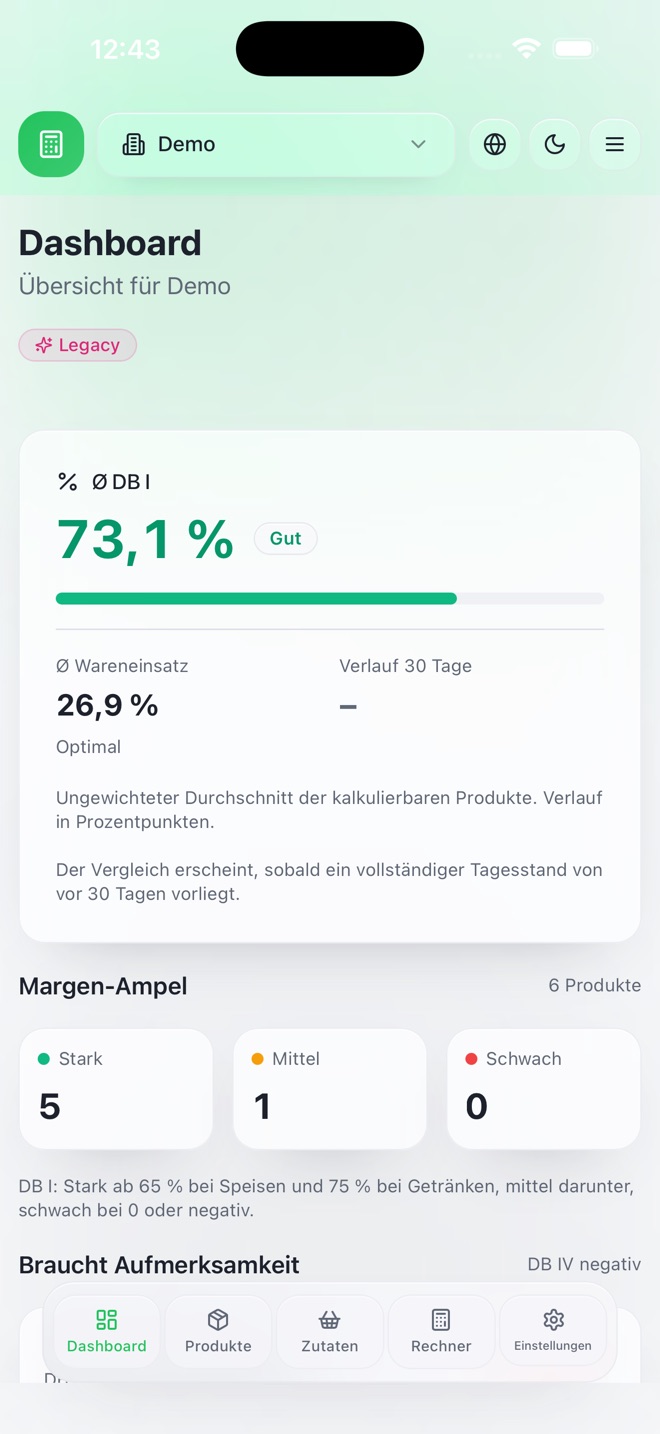 GastroCalculator App am iPhone: Dashboard mit Deckungsbeitrag, Wareneinsatz und Margen-Ampel (Demodaten)