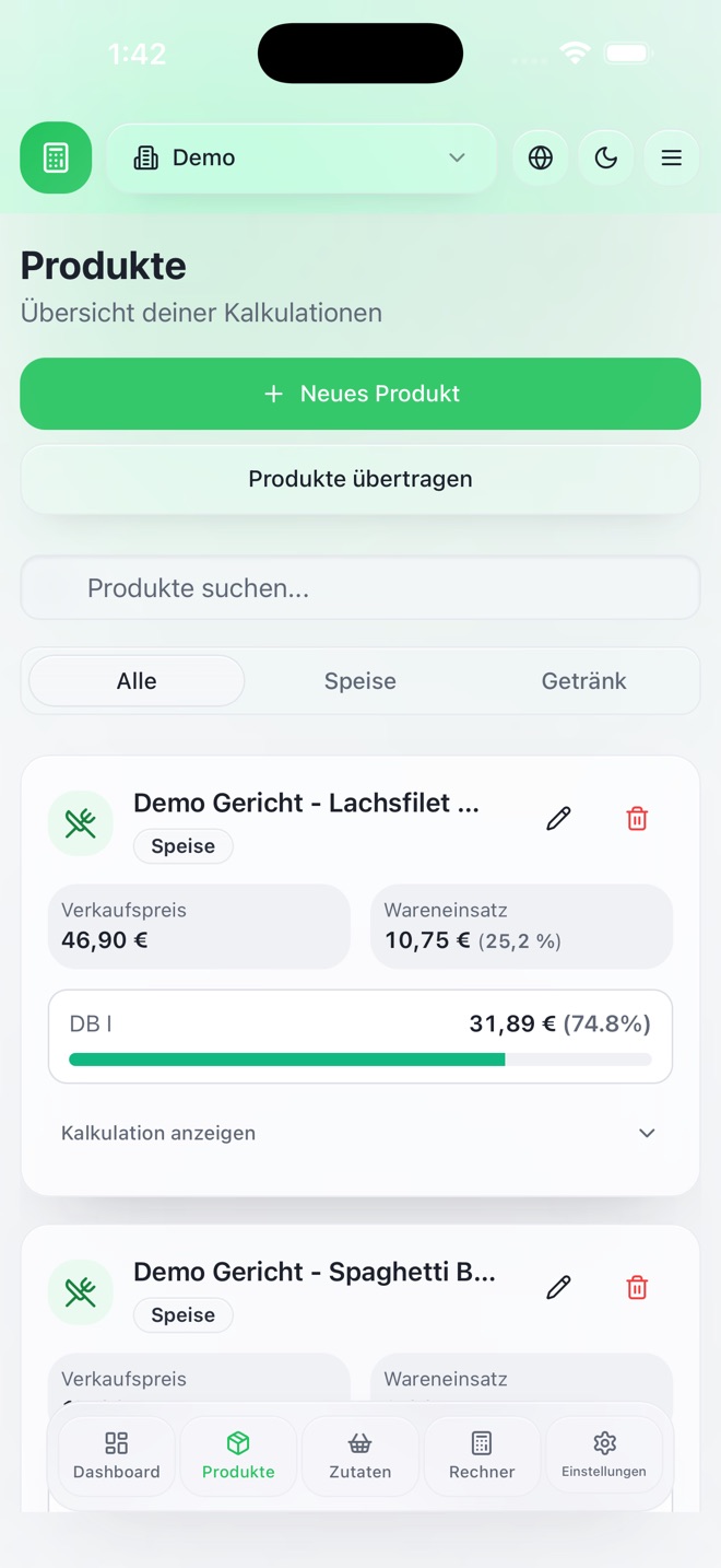 Produktliste der GastroCalculator App mit Verkaufspreis, Wareneinsatz und DB I pro Gericht