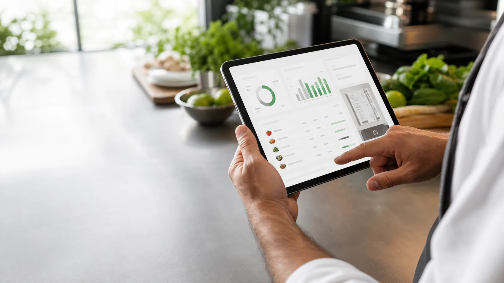 Gastronomiebetrieb prüft Produktkosten und Kennzahlen auf einem Tablet